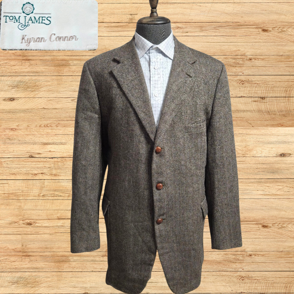 Tom James Mens 46L Sport Coat Brown Herringbone Tweed Wool Elbow Patch 3 Blazer